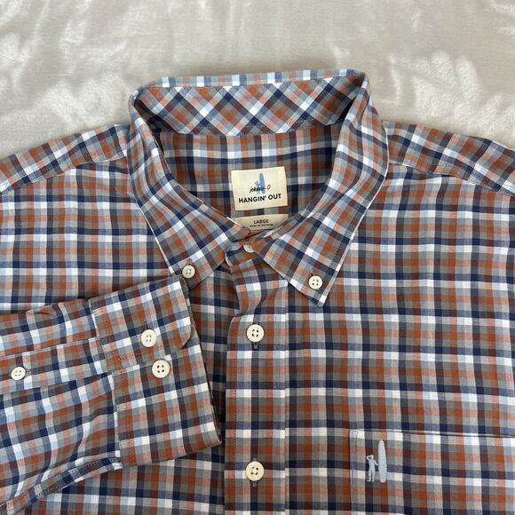 johnnie-O Other - Johnnie O Shirt Mens Large Orange Blue Plaid Hangin Out Button Front Preppy
